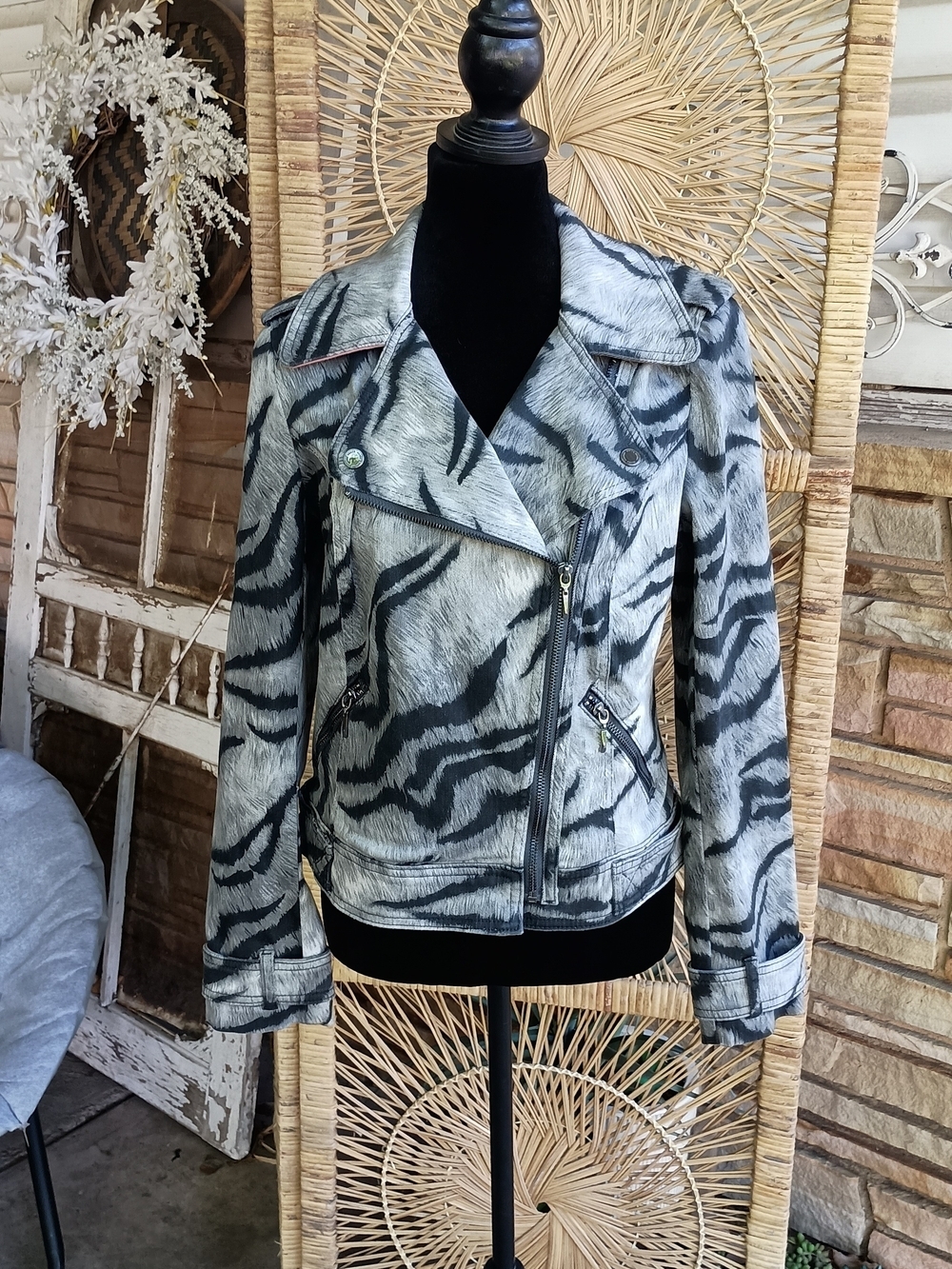 White House Black Market Gray and Black Zebra-Print Leather Moto Jacket